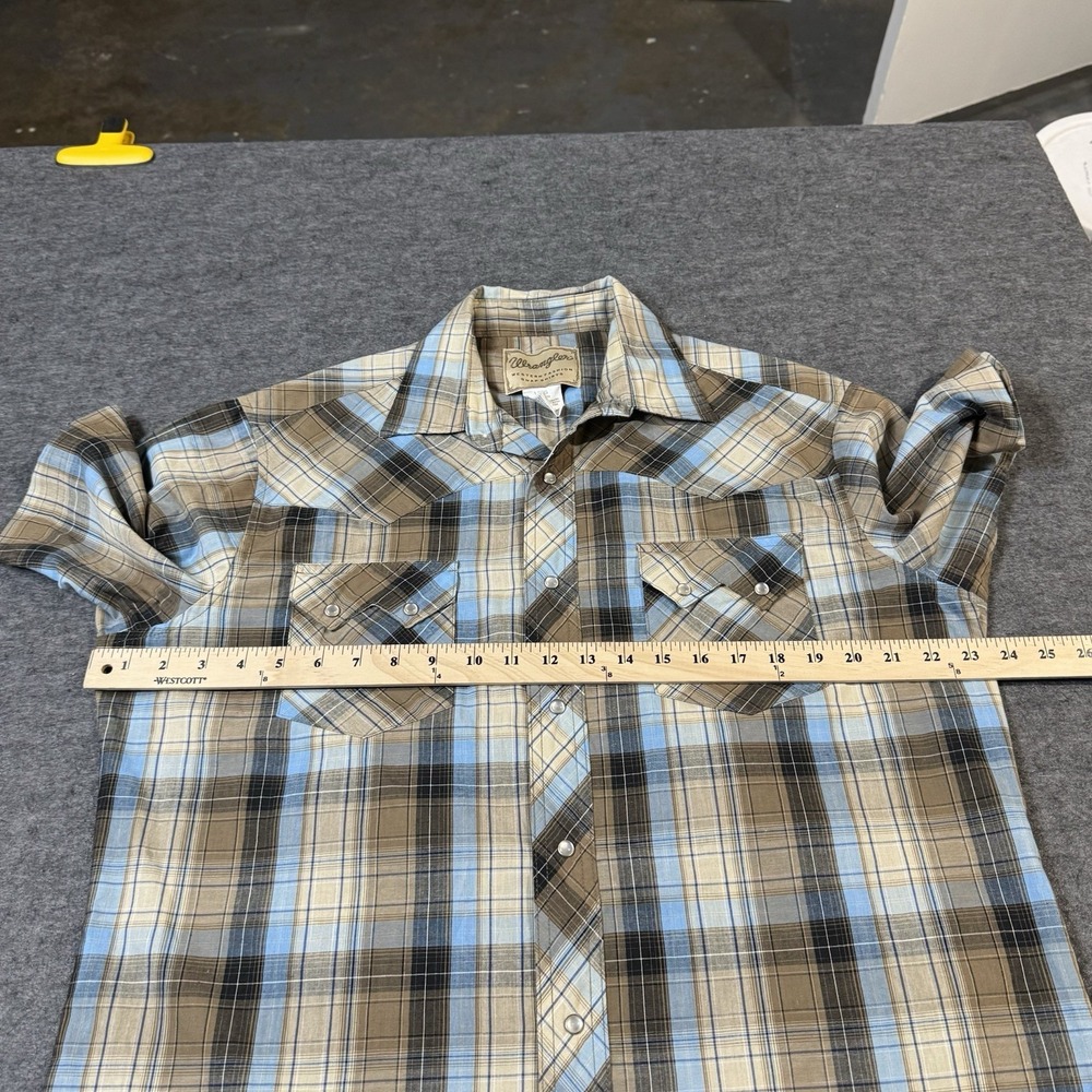 Wrangler Western Shirt Mens Large Brown Plaid Pearl Snap Short Sleeve Cowboy Top - Picture 5 of 6